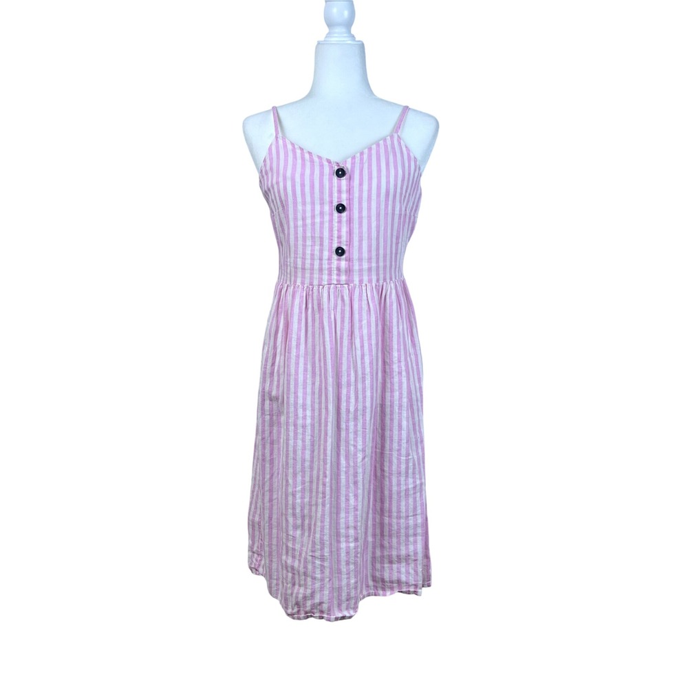 Esmara Pink White Striped Linen Blend Button Front‎ Midi Sun Dress Size 4 (G719)